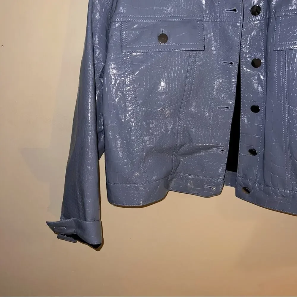 DOLCE CABO Womens Aviator Jacket Medium Blue Patent Leather Bomber Sherpa Y2k S - Picture 6 of 8